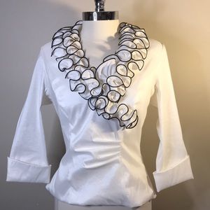 XSCape White Special Occasion Blouse with Black Edged Ruffles, NWOT